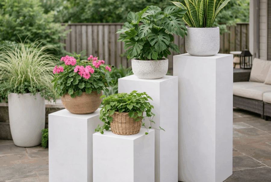 outdoor potted plant display pedestal. outdoor table, outdoor furniture