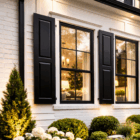 Home exterior panel window shutters and / or door shutters on a home with white siding. Shutters are painted black (Set of Two)