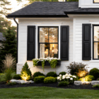Home exterior panel window shutters and / or door shutters on a home with white siding. Shutters are painted black (Set of Two)