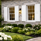 Home exterior white panel window shutters and / or door shutters on a brick home.