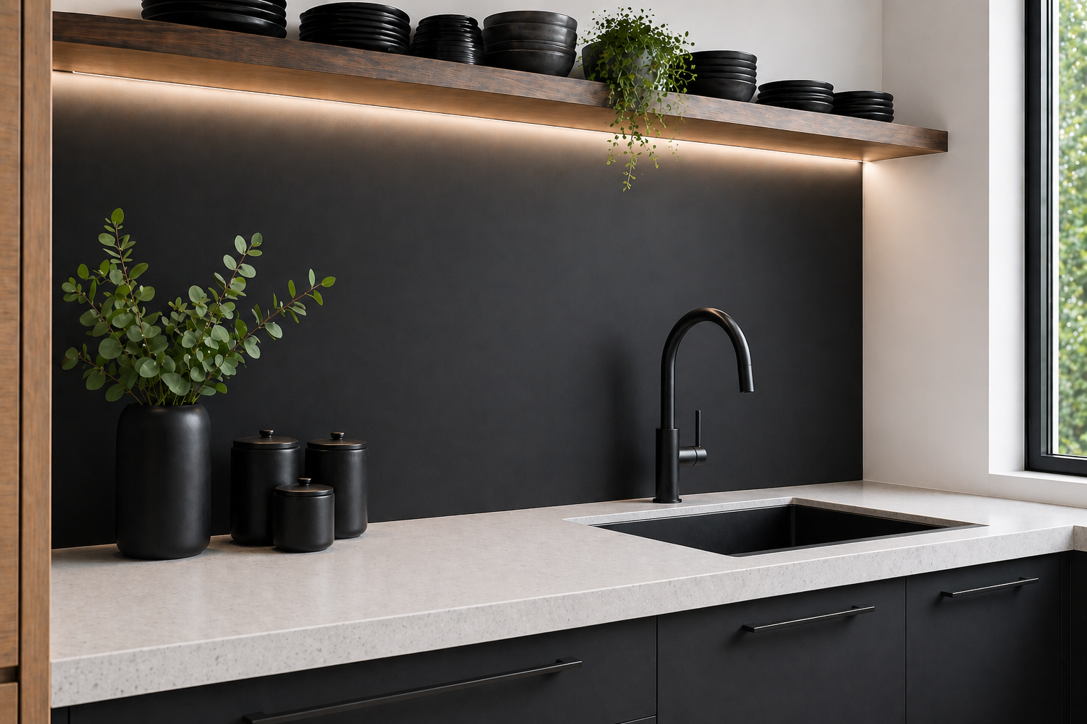 black PVC foam board as a kitchen counter backsplash
