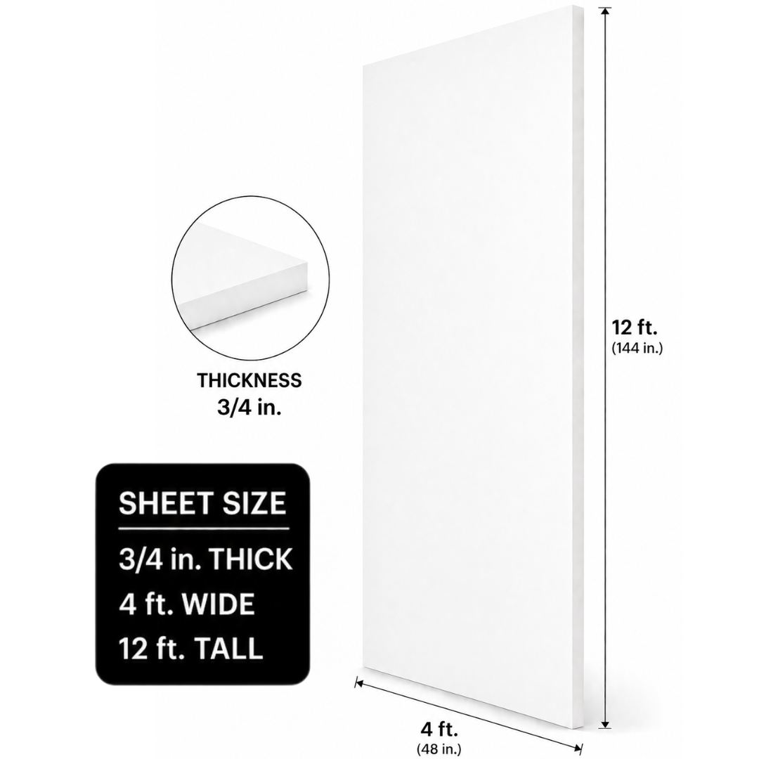 3/4 inch thick 4 foot by 12 foot white pvc sheet - wall panel - CNC machine material